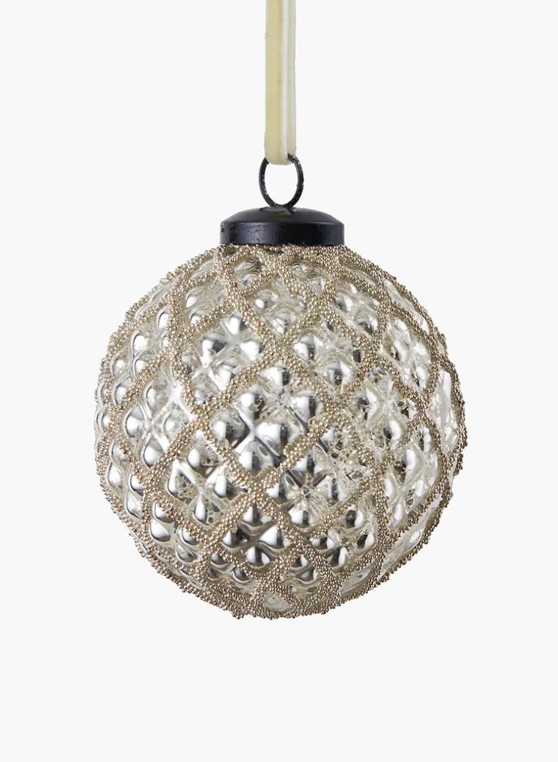 3in Round Beaded Gold Hobnail Glass Ornament, Set of 6