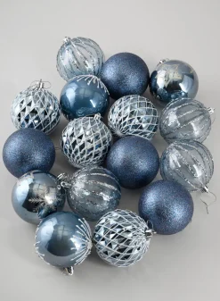 3in Round Blue-Grey Luxe Plastic Ornament Collection, Set of 16