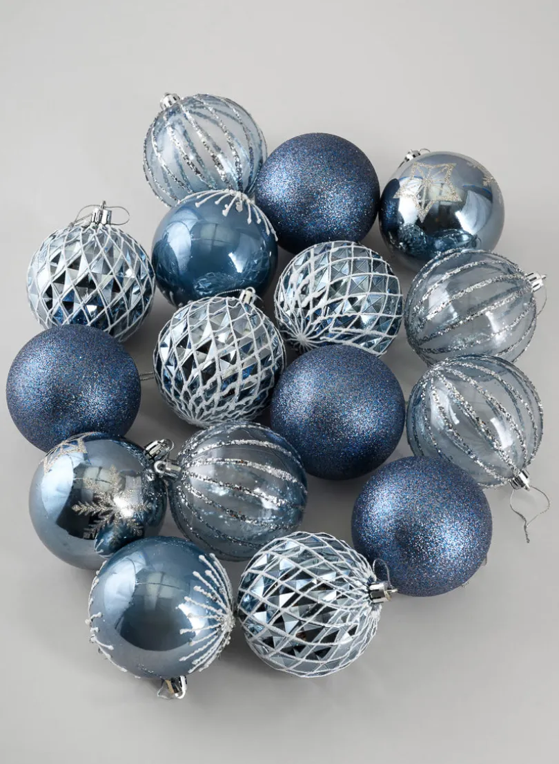 3in Round Blue-Grey Luxe Plastic Ornament Collection, Set of 16