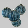 4in Round Blue Pleated Glass Ball With Gold Glitter
