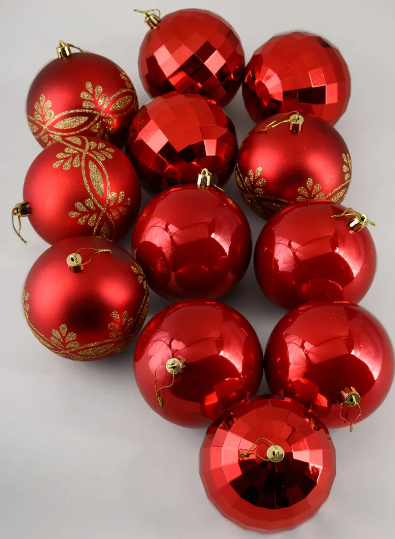 4in Round Festive Red Plastic Ornament Collection, Set of 12