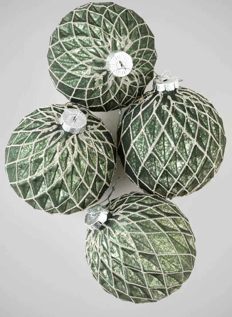 4in Round Gilded Antique Silver Forest Pine Green Glass Ornament, Set of 4