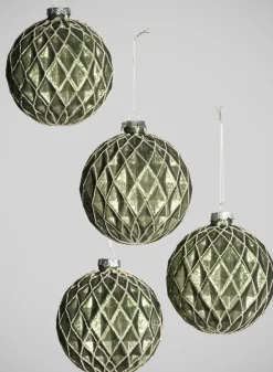 4in Round Gilded Antique Silver Forest Pine Green Glass Ornament, Set of 4