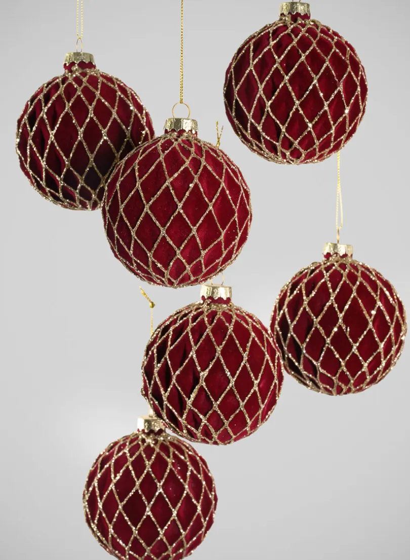 3in Round Gilded Gold Lined Burgundy Velvet Glass Ornament, Set of 6