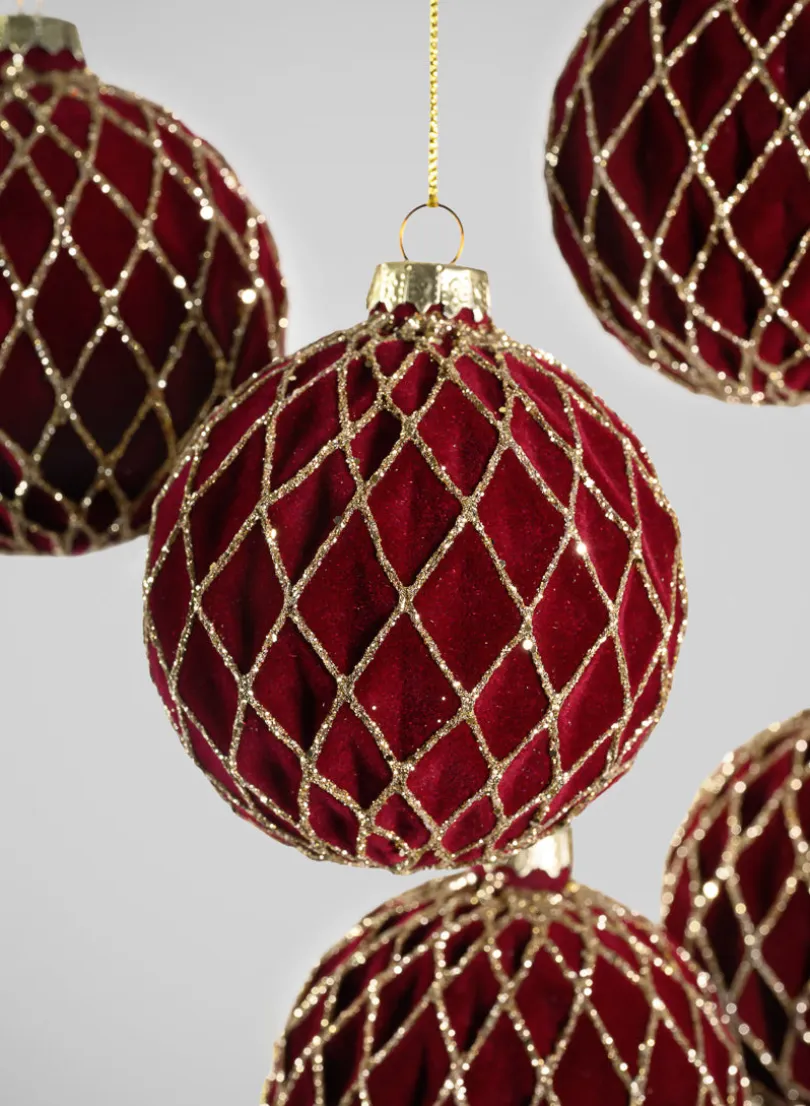 3in Round Gilded Gold Lined Burgundy Velvet Glass Ornament, Set of 6