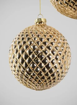 9in Round Gilded Hammered Gold Glass Ornament, Set of 2