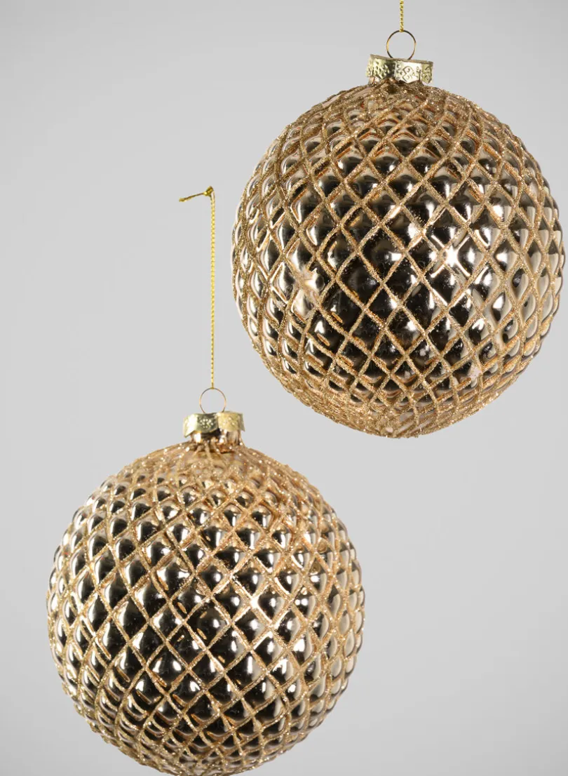 9in Round Gilded Hammered Gold Glass Ornament, Set of 2