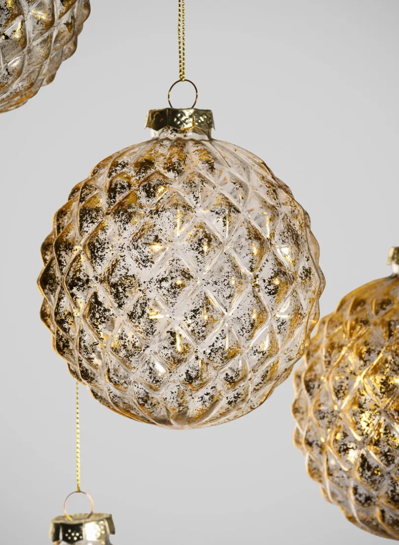 4in Round Gilded Old Gold Glass Ornament, Set of 4