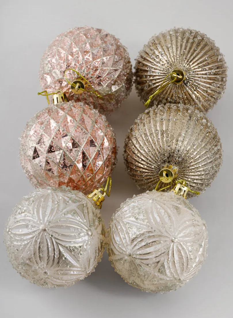 3in Round Gilded Pink, Brown, and Pearl Plastic Ornament, Set of 6