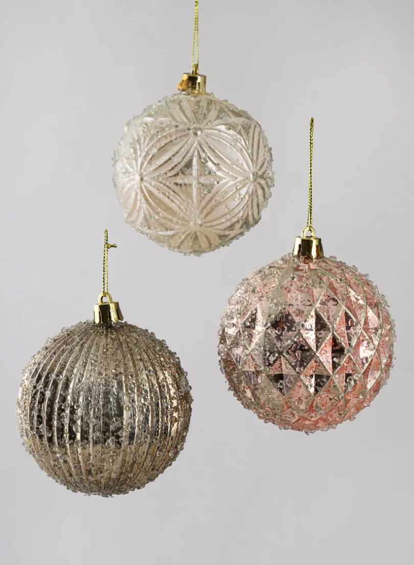 3in Round Gilded Pink, Brown, and Pearl Plastic Ornament, Set of 6