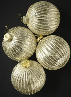 4in Round Gilded Pleated Antique Silver Glass Ornament, Set of 4