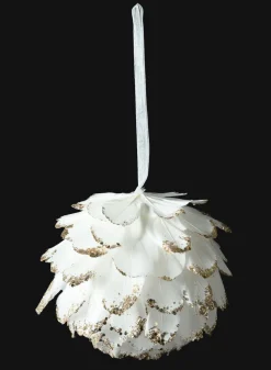 5in Round Glittered Gold Tip Feather Ornament Ball, Case of 6