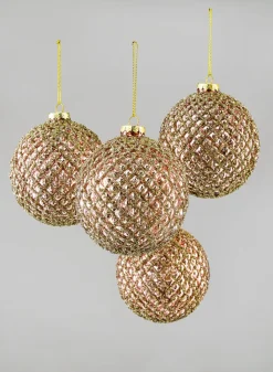 4in Round Glittered Rose Gold Hobnail Glass Ornament Ball, Set of 4
