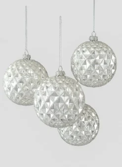 4in Round Glitter Silver Vine Glass Ball Ornament, Set of 4