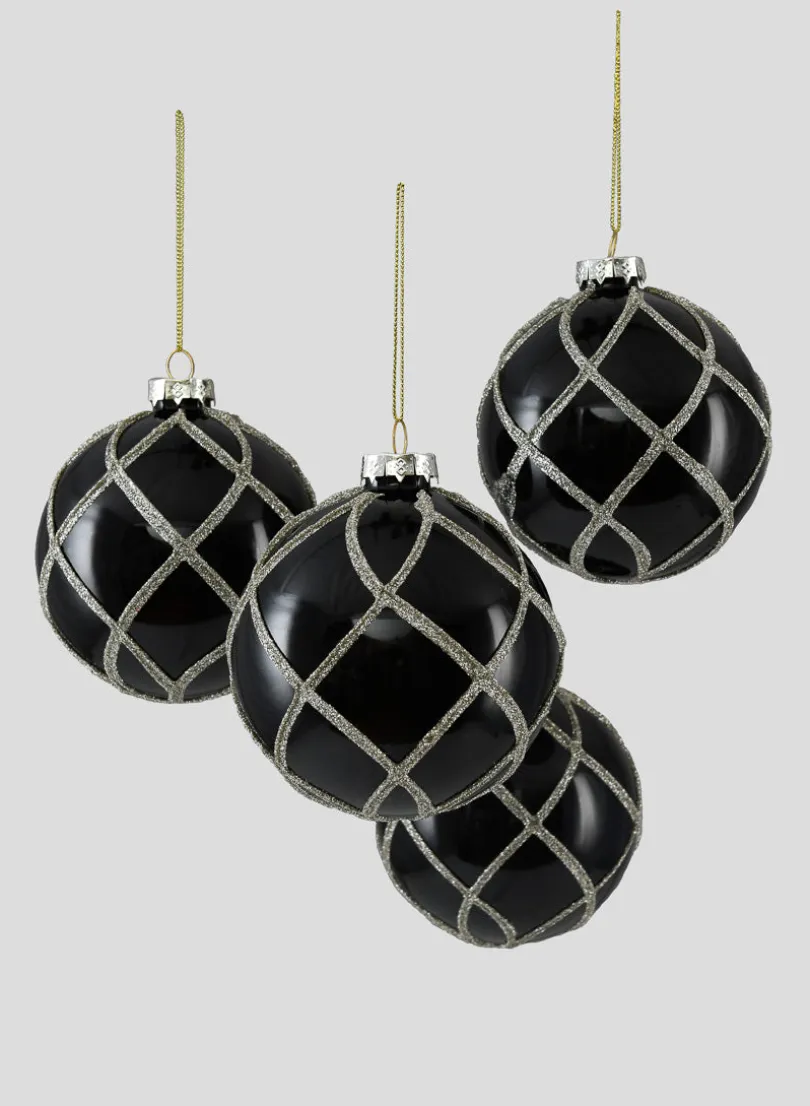 4in Round Glitter Swirl Shiny Black Glass Ornament Ball