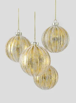 4in Round Gold Foil & Glitter Stripe Glass Ornament Ball