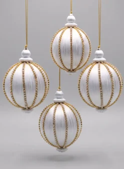 4in Round Gold Rhinestone White Hanging Decorative Ornament