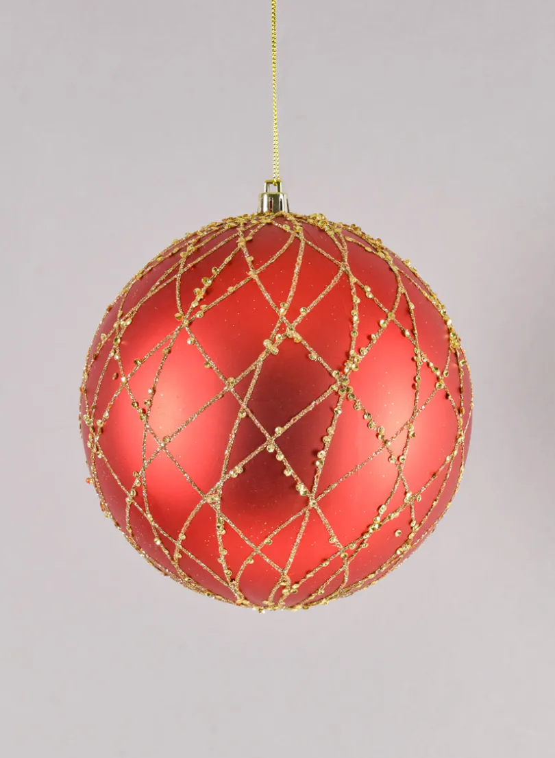 6in Round Matte Red with Gold Glitter Plastic Ball