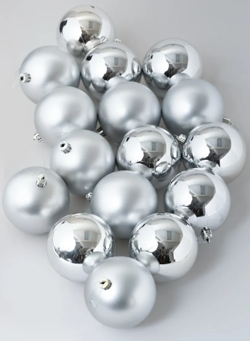 3in Round Matte & Shiny Silver Ornament Plastic Ball, Set of 16