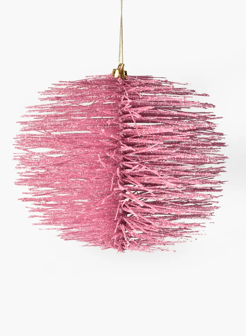 7in Round Pink Glitter Brush Ornament Ball, Case of 12