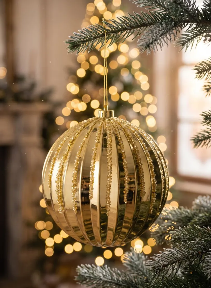 8in Round Plastic "Real Glass Look" Glitter Glazed Gold Ornament