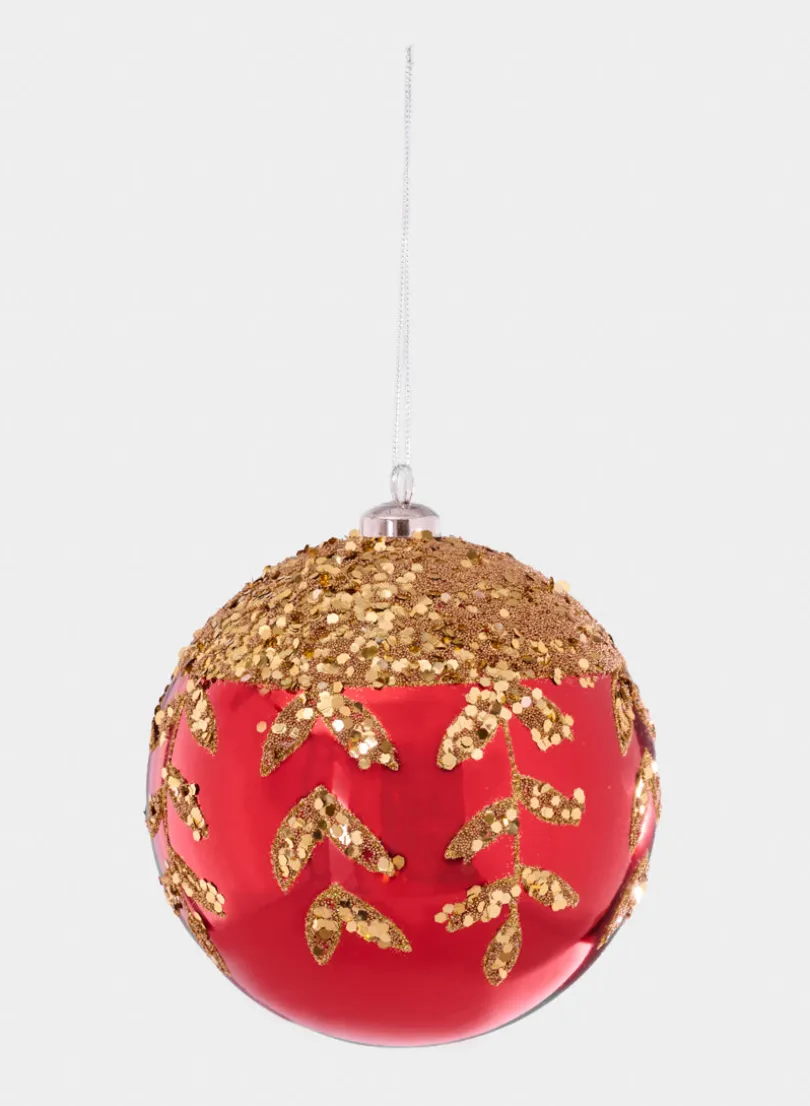 6in Round Plastic "Real Glass Look" Beaded Leaves Red Ornament