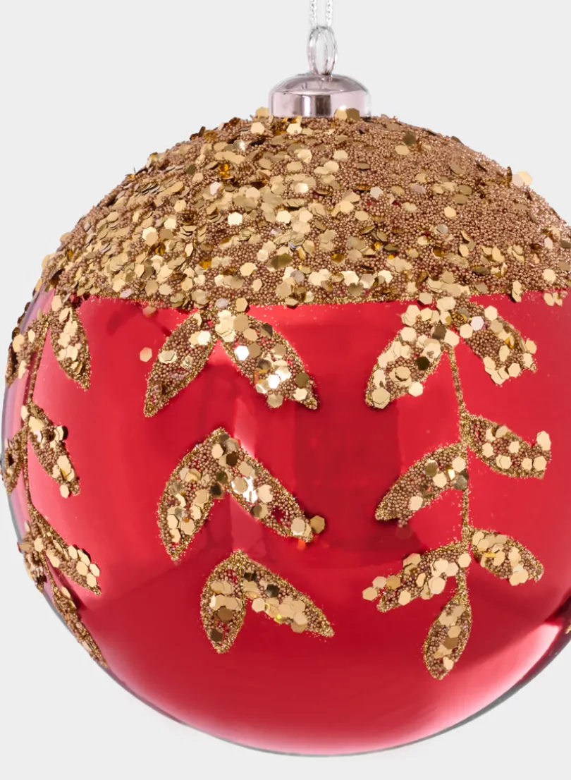 6in Round Plastic "Real Glass Look" Beaded Leaves Red Ornament
