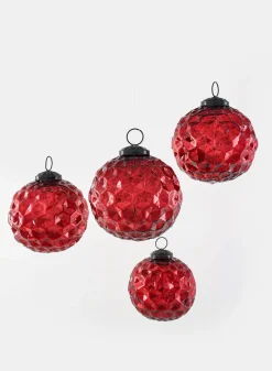 4in Round Red Diamond Dimple Glass Ball Ornament