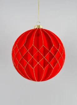 6in Round Red Flocked Stripe Plastic Ornament