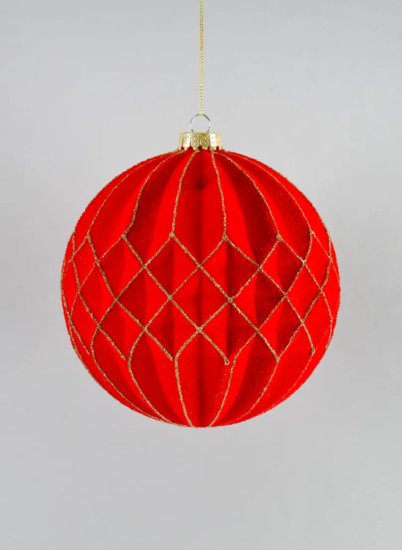 6in Round Red Flocked Stripe Plastic Ornament