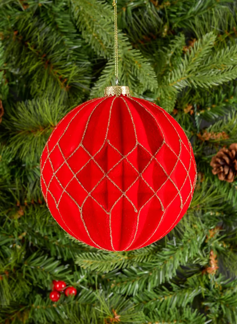 6in Round Red Flocked Stripe Plastic Ornament