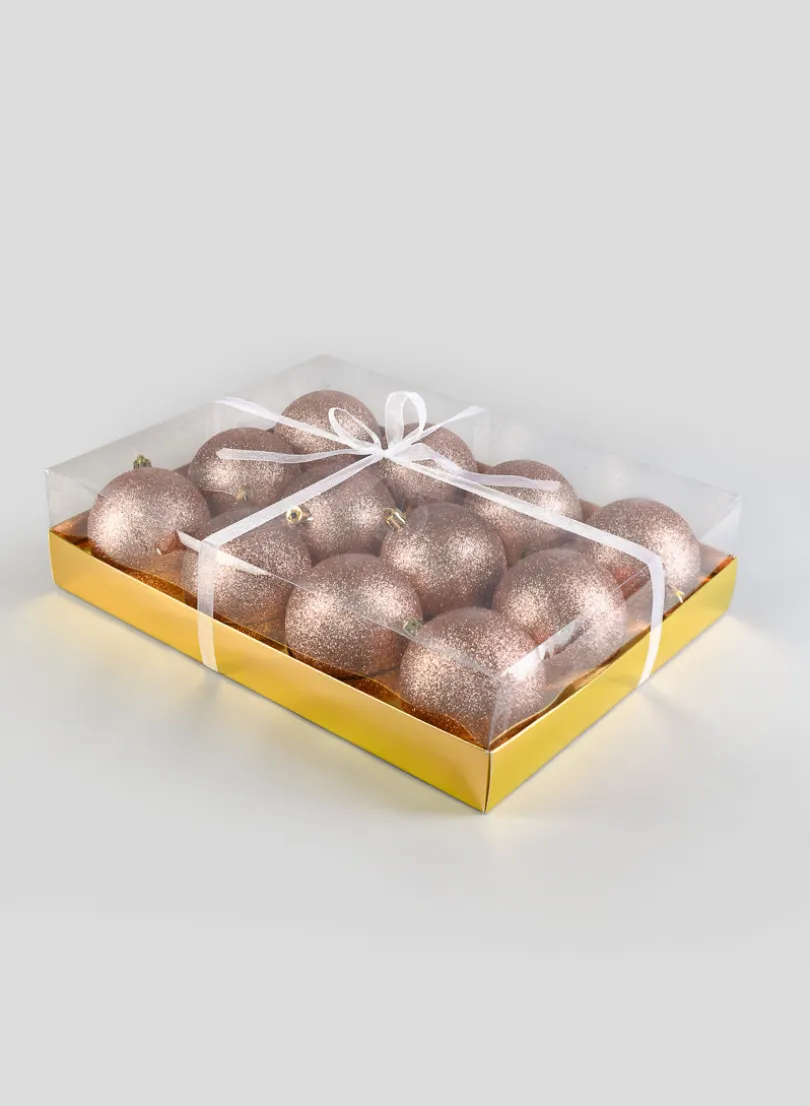 3in Round Rose Gold Glitter Ball Plastic Ornament, Set of 12