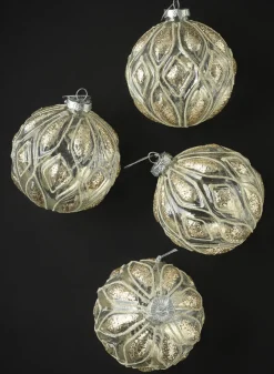 4in Round Royal Gold Glitter Glass Ornament, Set of 4