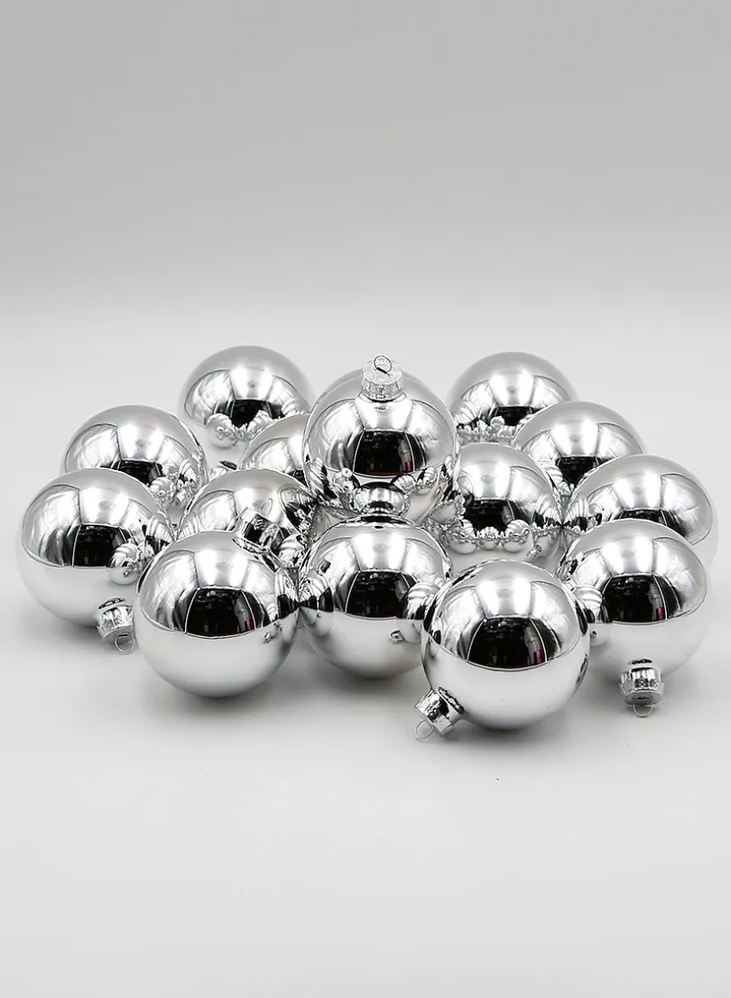 3 1/8in Round Shiny Silver Glass Ornament Balls (80mm)