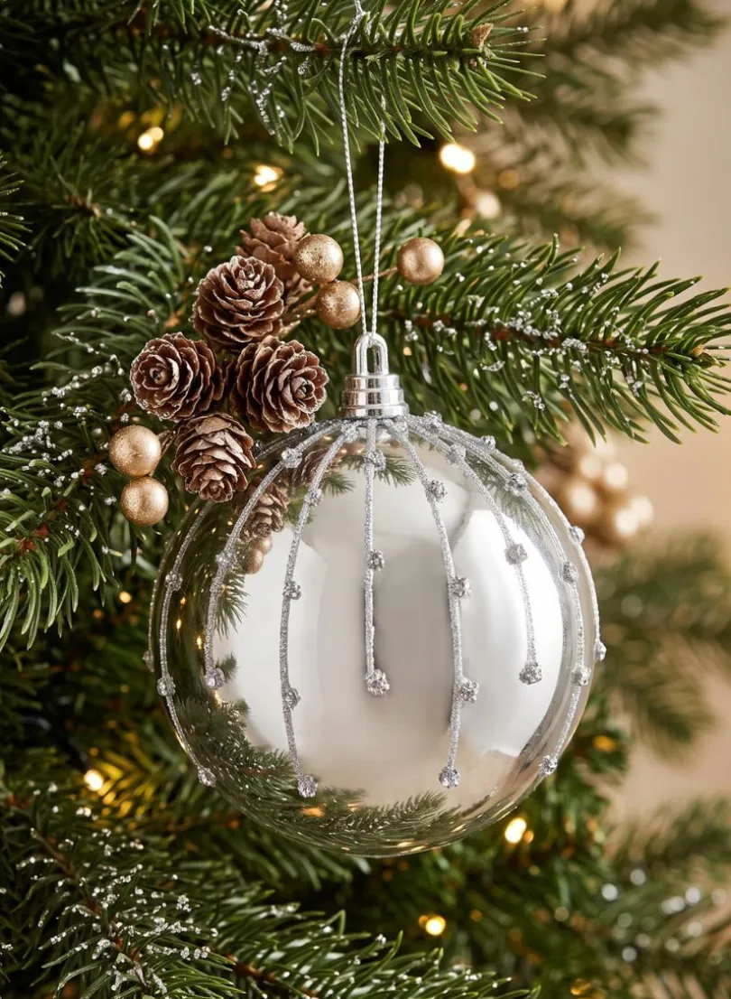 4in Round Silver Dust Lined Shiny Plastic Ornament Ball