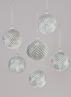 3in Round Silver Glitter Durian Ball Plastic Ornament, Set of 6