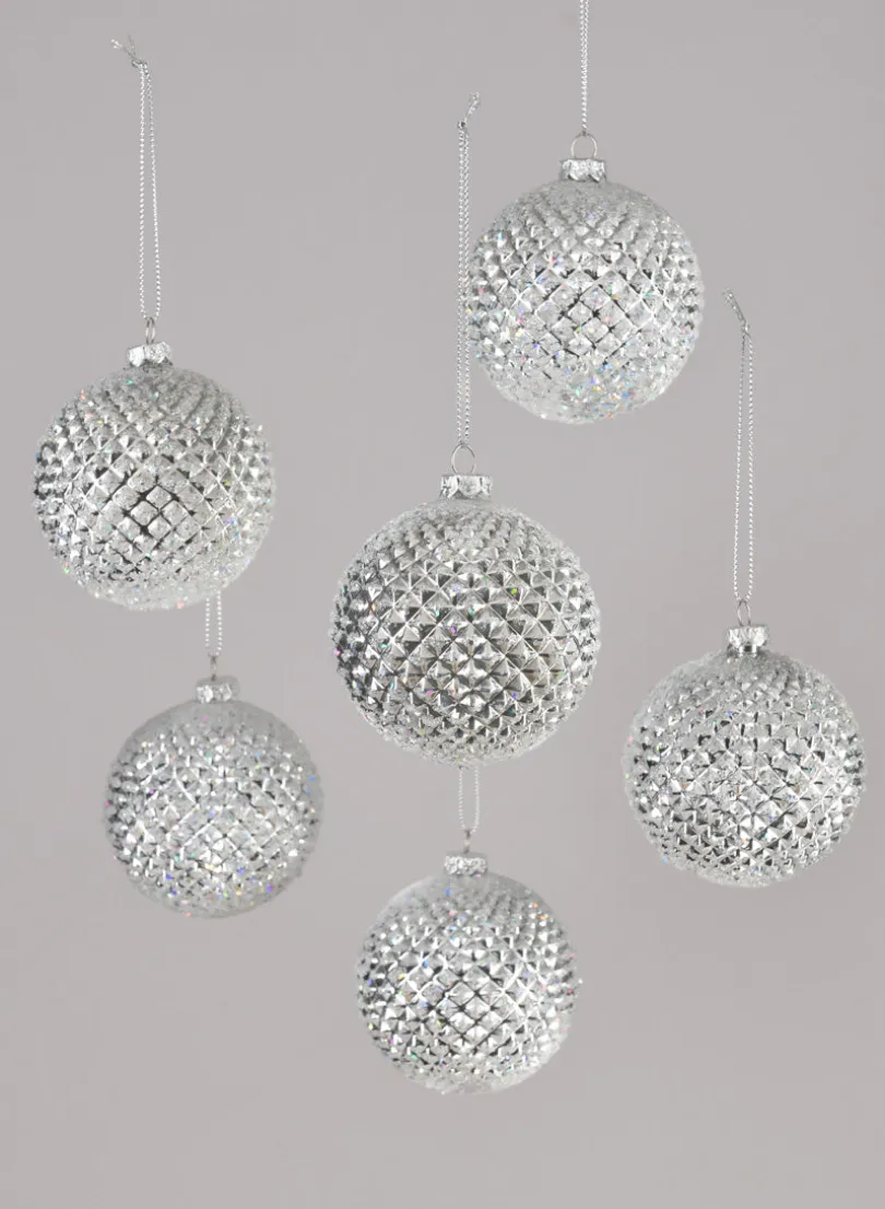 3in Round Silver Glitter Durian Ball Plastic Ornament, Set of 6