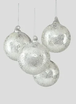 4in Round Sugared Silver Glass Ball Ornament, Set of 4