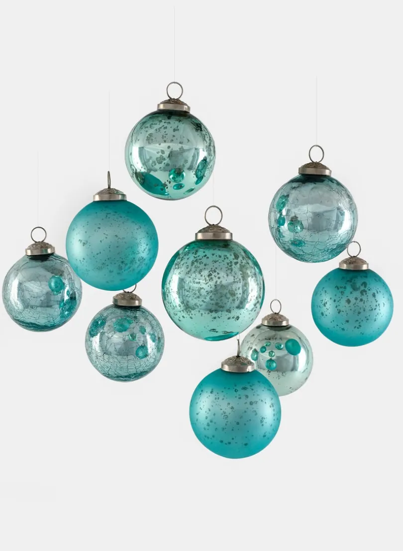 3in Round Teal Mix Glass Ornament Balls, Set of 9