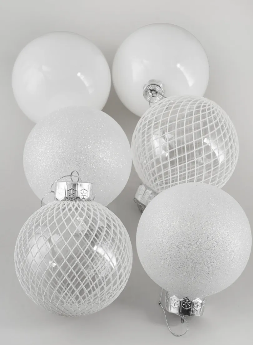 5in Round White Plastic Ornament Assortment, Set of 6