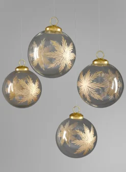 4in Round Zidane Gold Flake Clear Glass Ornament, Set of 4