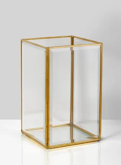 8in Square Beveled Glass Gold Hurricane