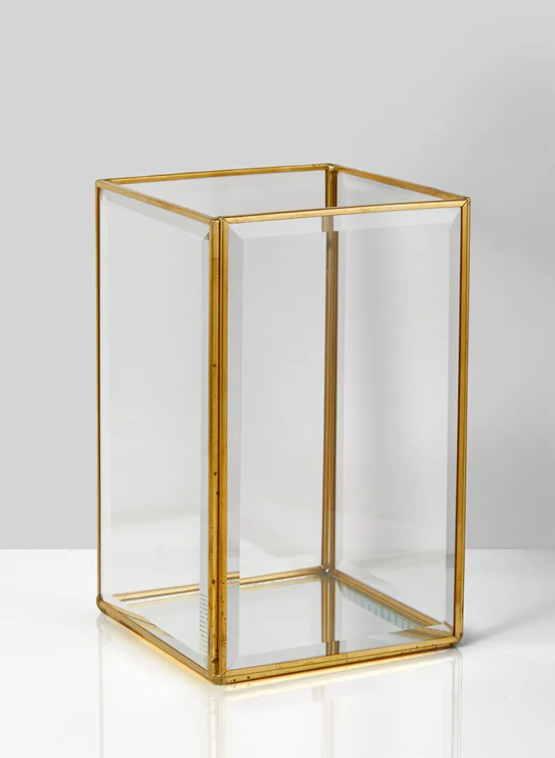 8in Square Beveled Glass Gold Hurricane