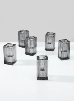 3in Square Smoke Fluted Glass Candlestick, Set of 6