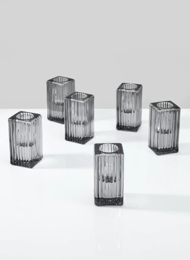 3in Square Smoke Fluted Glass Candlestick, Set of 6