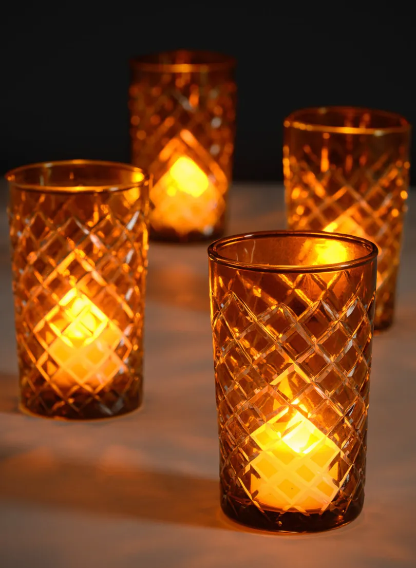 4.5in Tall Almira Amber Cut Glass Squares Votive Holder, Set of 4