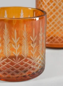 4in Tall Almira Palm Amber Cut Work Cylinder Glass Candleholder