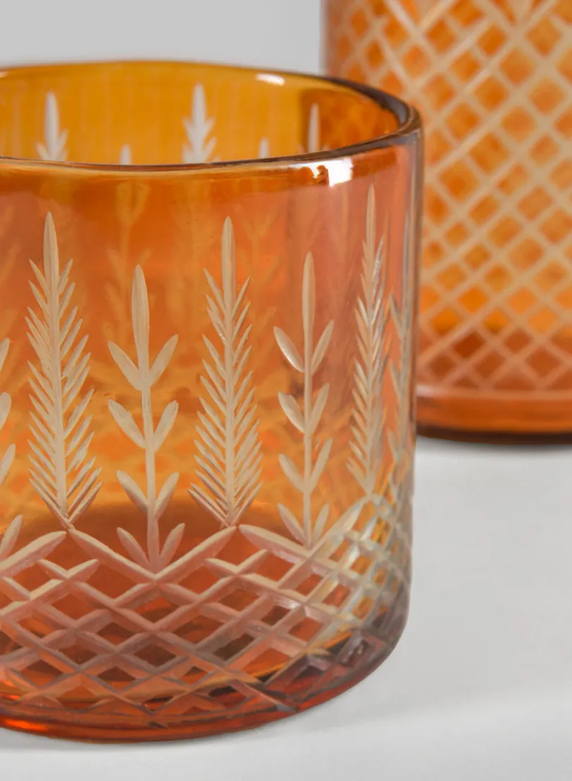 4in Tall Almira Palm Amber Cut Work Cylinder Glass Candleholder