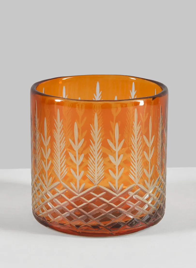 4in Tall Almira Palm Amber Cut Work Cylinder Glass Candleholder