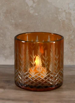 4in Tall Almira Palm Amber Cut Work Cylinder Glass Candleholder